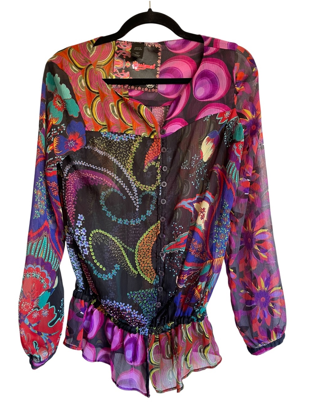Desigual Colorful Patchwork  Semi Sheer Paisley Silk Blouse - Multicolor